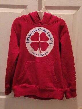 Lucky Brand Youth Red Graphic Pullover Hoodie Clover Spellout Sleeve - Size 7